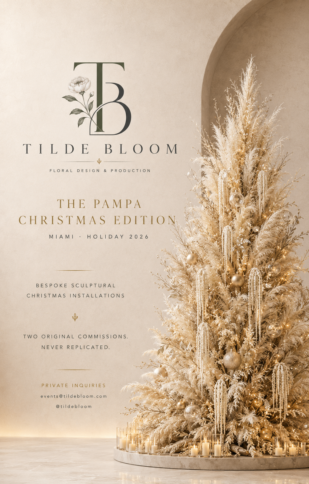The Pampa Christmas Edition — a sculptural Christmas tree of pampas grass and dried botanicals with gold baubles, lit by candles