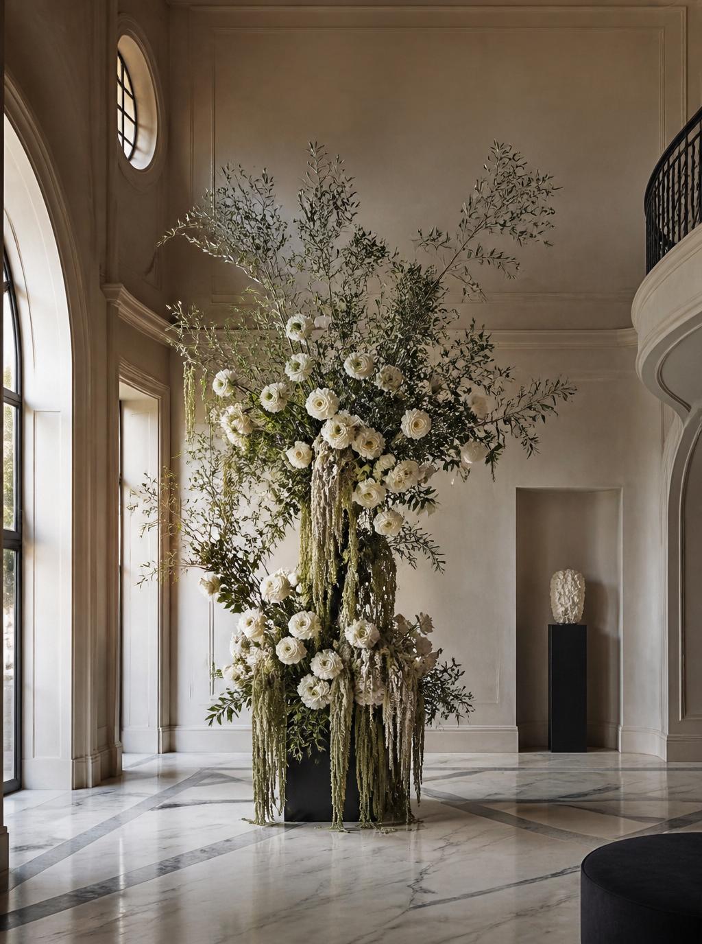 Monumental floral installation in a luxury villa salon